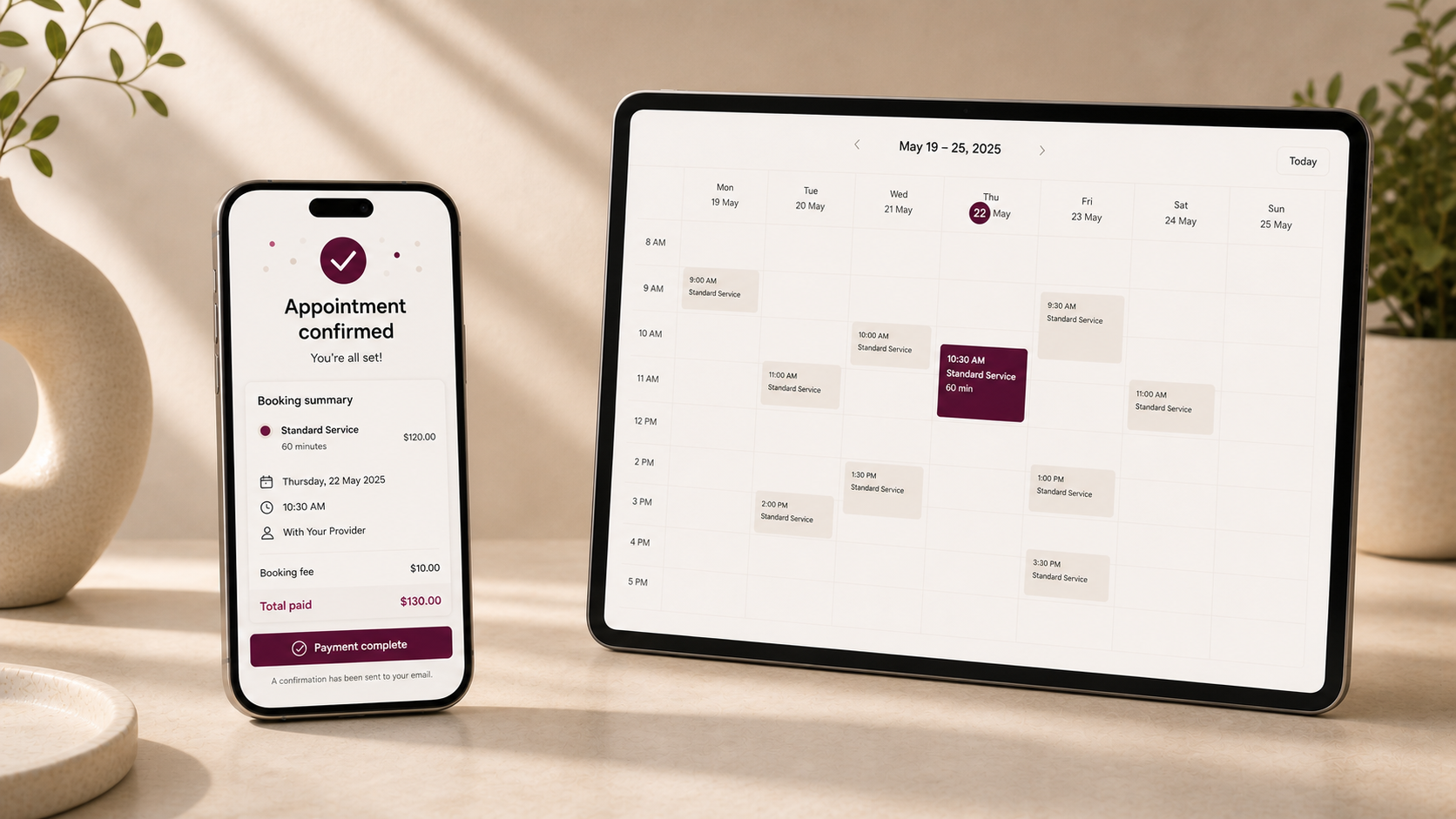 A GoQ booking confirmation beside a live calendar